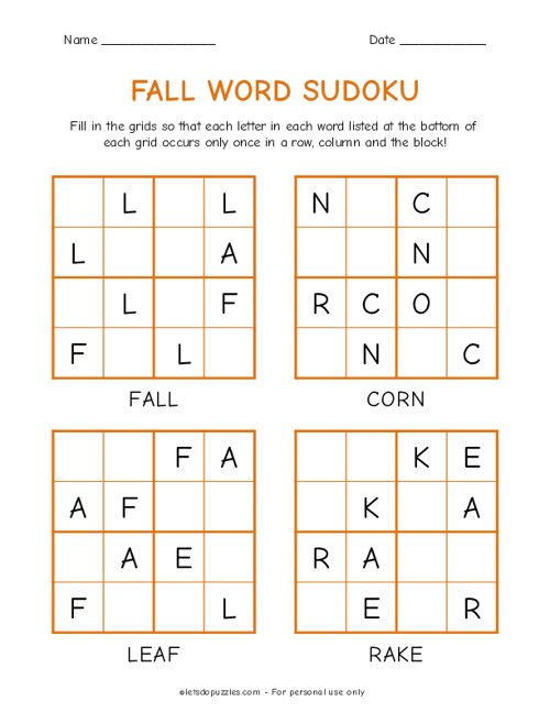 Fall Word Sudoku for Kids