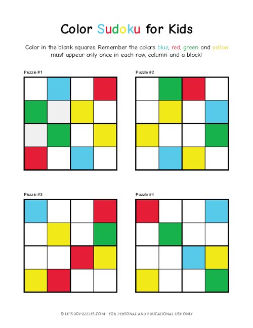 color sudoku puzzles for kids 4x4 easy