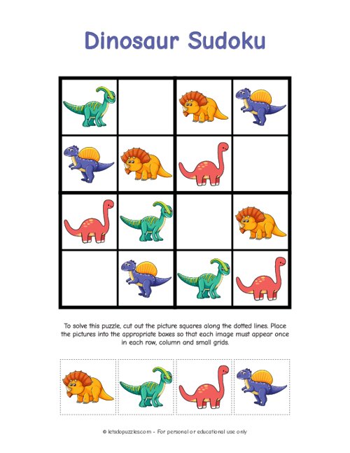 dinosaur sudoku for kids easy 4x4