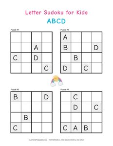 Free Printable Letter Sudoku for Kids - 4x4 Easy  Letter games for kids,  Sudoku, Printable activities for kids