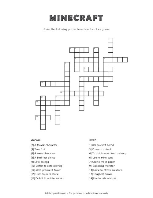Minecraft Crossword Puzzle Printable