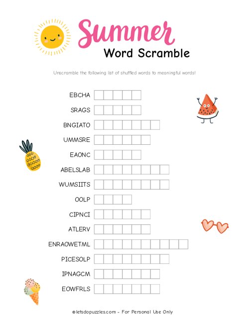 Summer Word Scramble Printable Puzzles