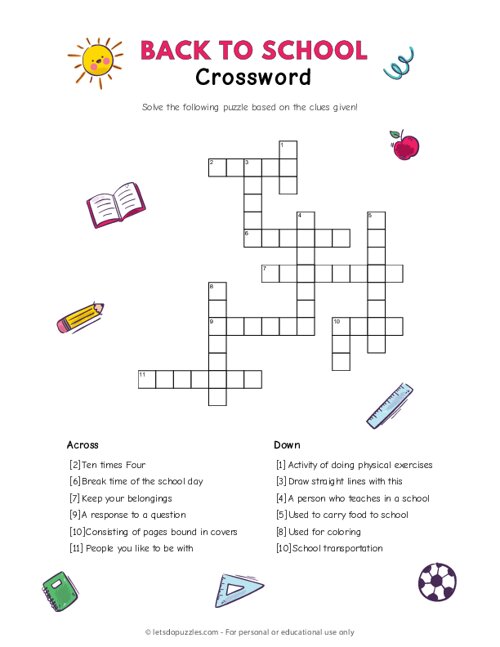 Printable Back to School Crossword Puzzle