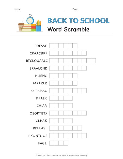 Back to School Word Scramble