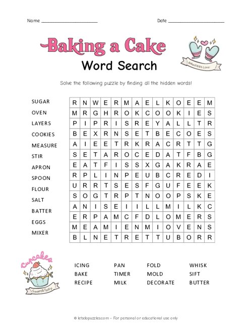 Printable Baking A Cake Word Search