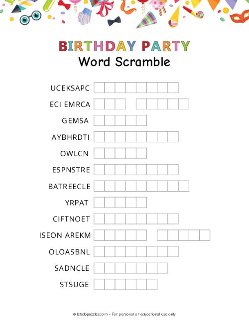 Birthday Party Word Scramble