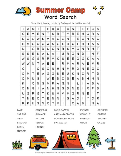 Printable Summer Camp Word Search