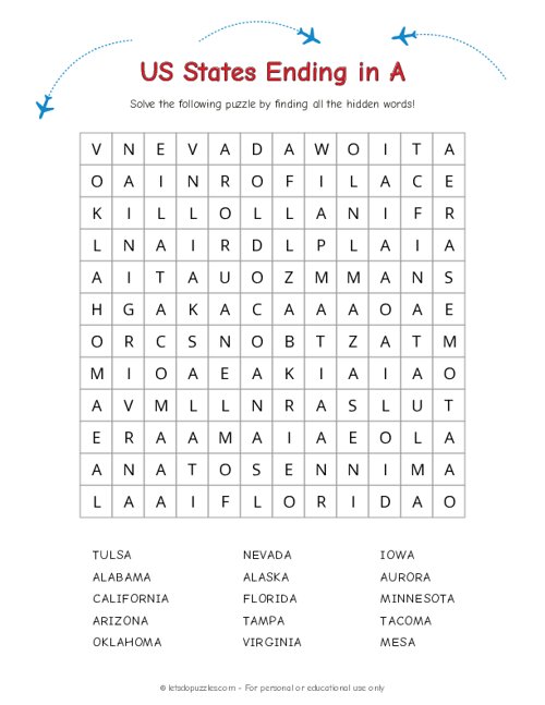US States ending in A Word Search