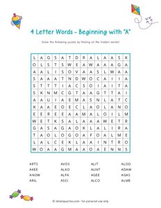 4 Letter Word Search Beginning with A