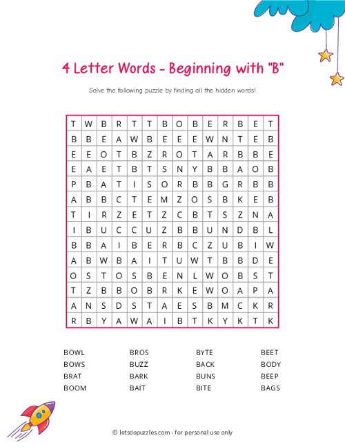 Printable 4 Letter Word Search beginning with B, b beginning words