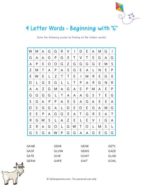 4 Letter Word Search Beginning with G