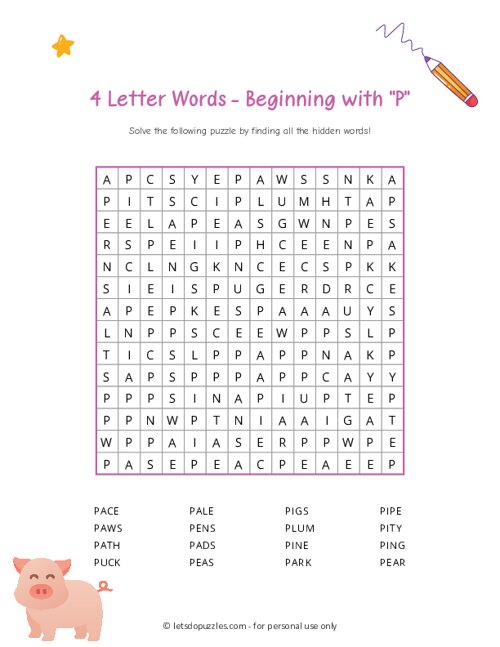 4 Letter Word Search Beginning with P