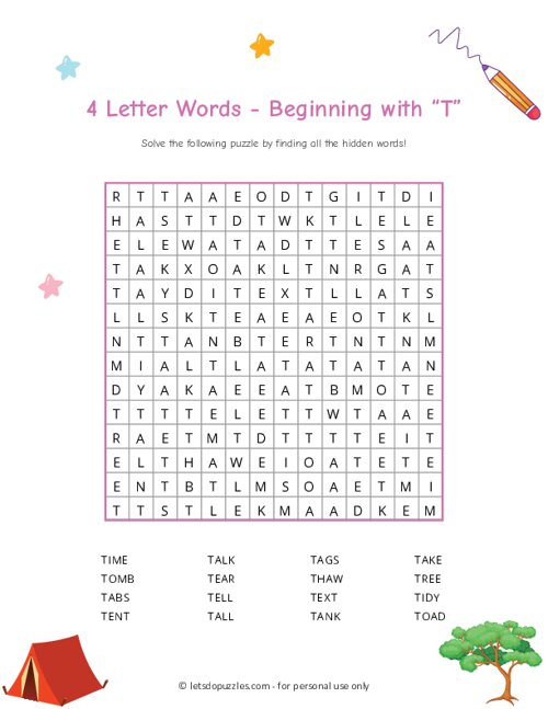 4 Letter Word Search Beginning with T