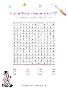 4 Letter Word Search Beginning with Z
