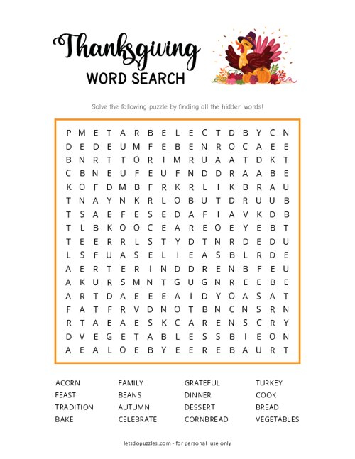 Free Printable Thanksgiving Word Search For Kindergarten