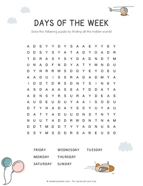 Days of the Week Word Search