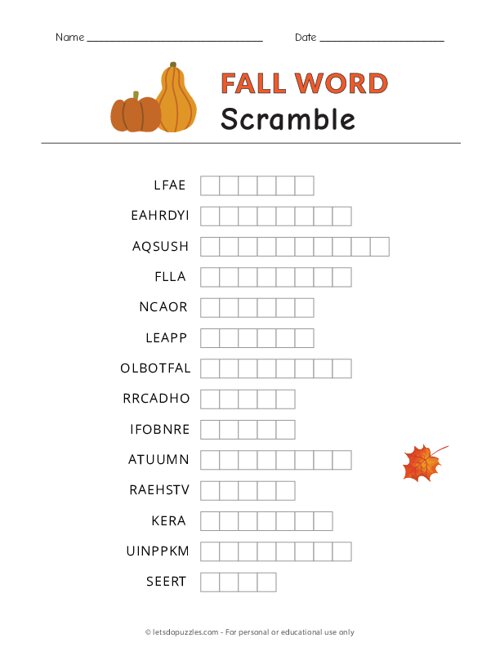 Printable Fall Word Scramble Puzzle