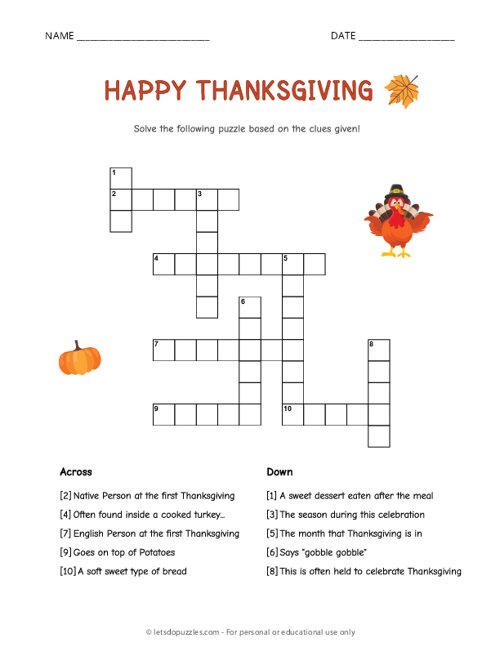 Printable Thanksgiving Crossword Puzzle Worksheet