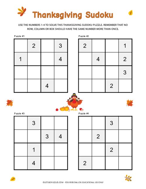 4x4 Thanksgiving Sudoku Puzzle