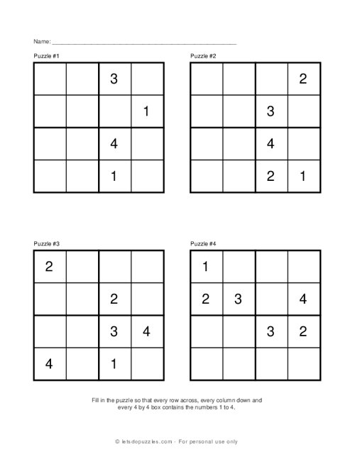 Easy 4X4 Sudoku puzzle game for kids - 20 pages printable worksheet