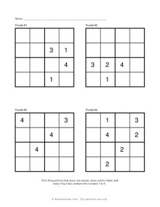 Two 4x4 sudoku for kids to print: Level Beginner, No. 1 and No. 2.