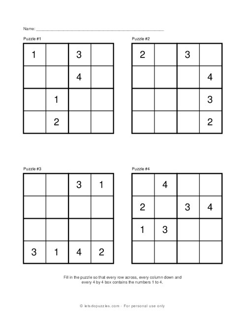 4x4 Sudoku for kids worksheet