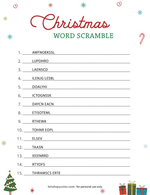 Christmas Word Scramble Puzzles for Kids