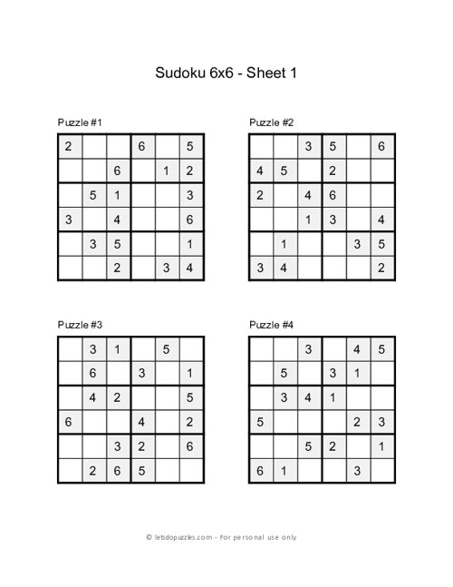 Printable Sudoku for Kids - 6x6 Grid - Sheet 1