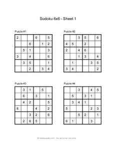 6x6 Sudoku Puzzles Printable - Sheet 1