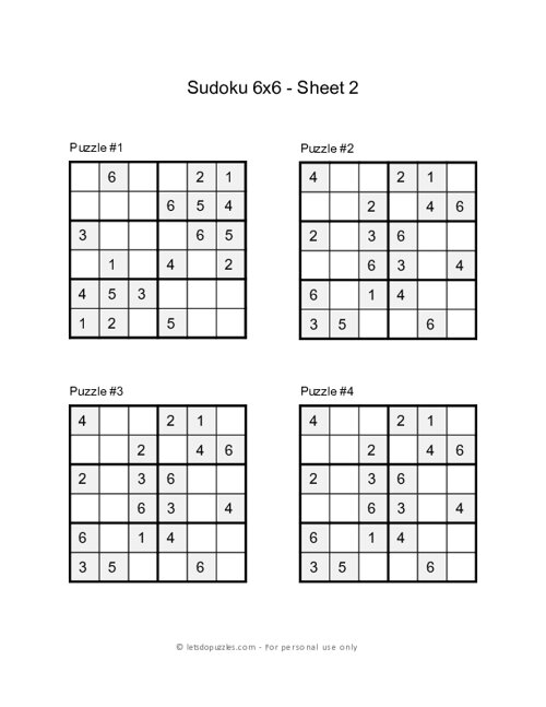 6x6 Sudoku Puzzles Printable - Sheet 2