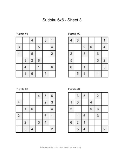 6x6 Sudoku Puzzles Printable - Sheet 1