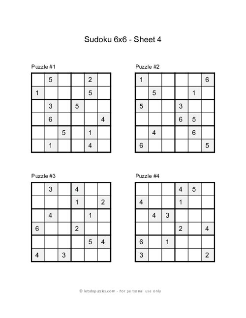 Printable Sudoku for Kids - 6x6 Grid Sheet 4