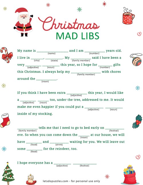 Christmas Mad Libs Printable Fun Activities For Kids