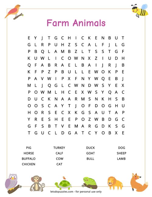 Farm Animals Word Search for Kids