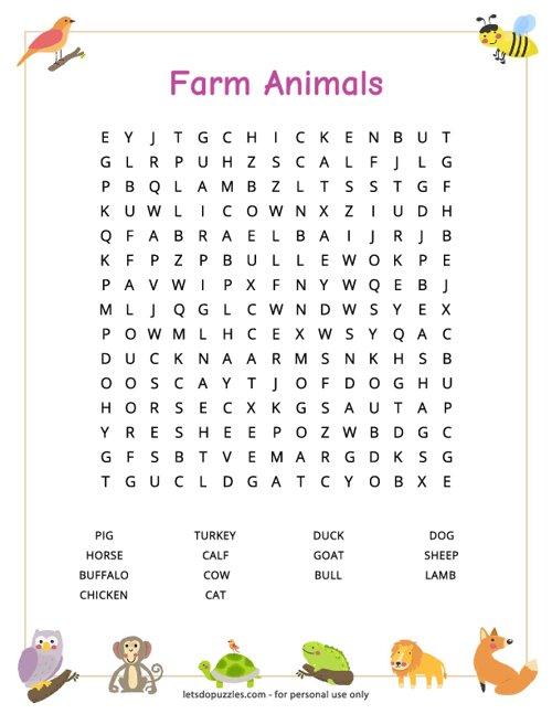 Farm Animals Word Search