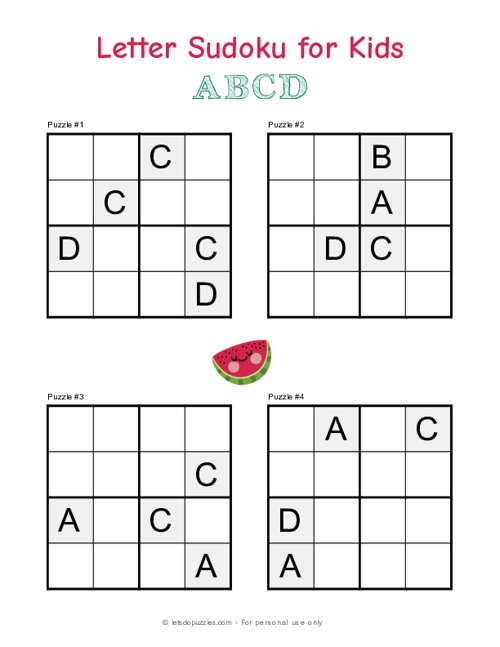 Two 4x4 sudoku for kids to print: Level Beginner, No. 1 and No. 2.