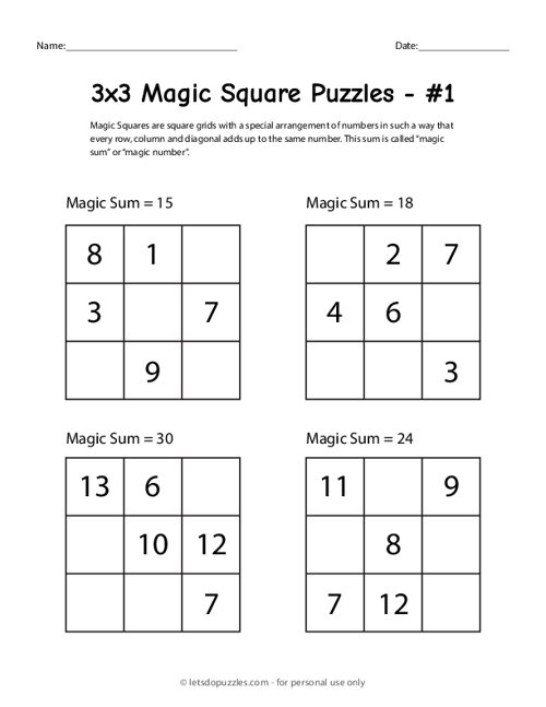 3x3 Magic Square Worksheet #1