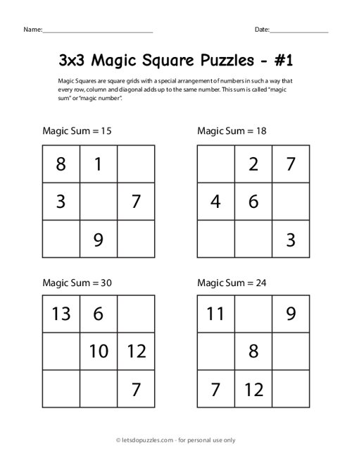 3x3 Magic Square Worksheets