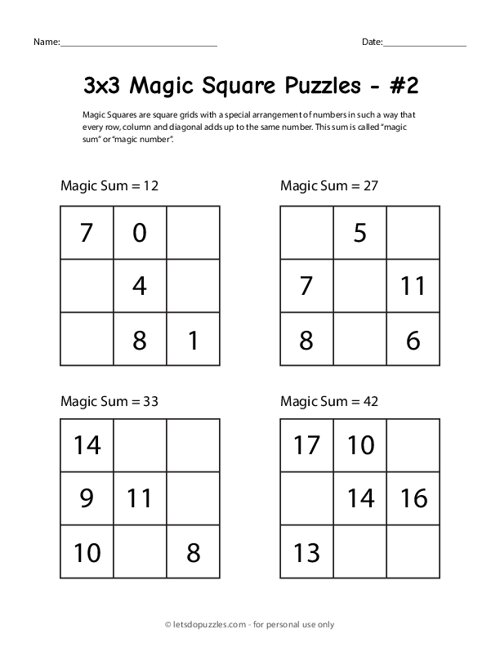 3x3 Magic Square Worksheet #2