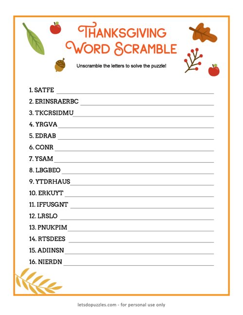Thanksgiving Word Scramble Puzzle Printable