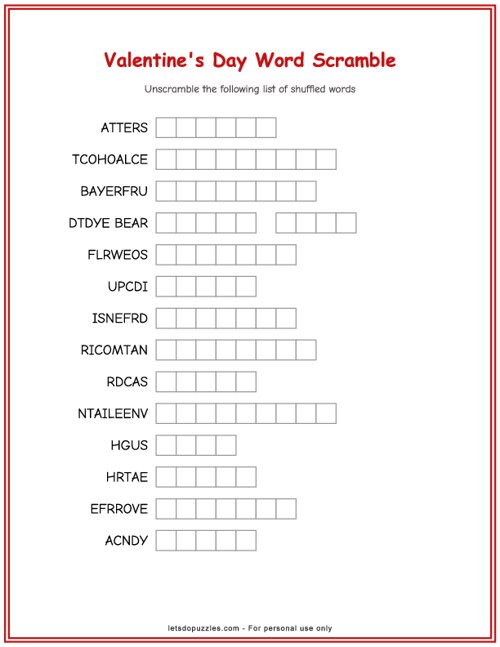 Valentine S Day Word Scramble Printable Free