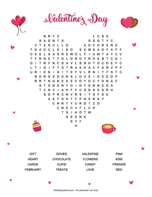 Valentine s Day Heart Word Search