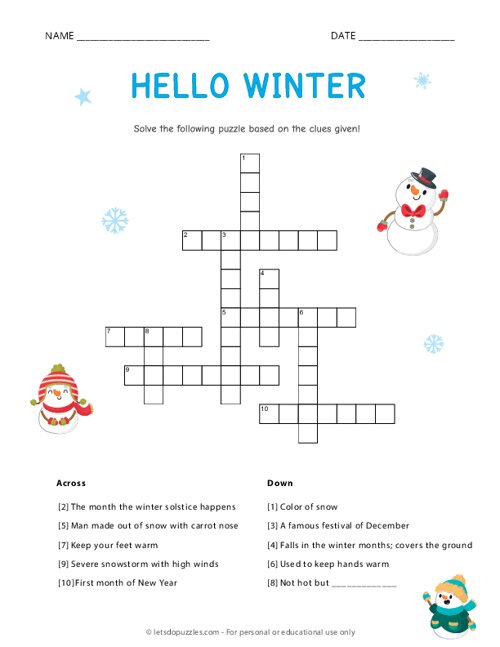 Winter Crossword Printable