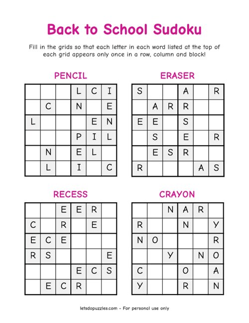 Back to School Word Sudoku