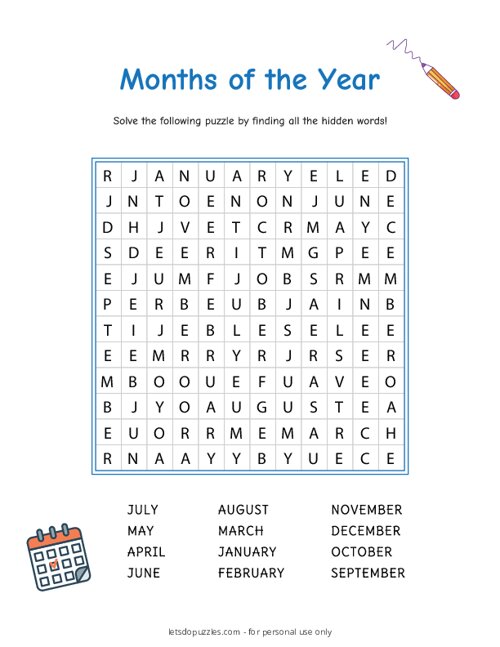 Months Of The Year Word Search For Kids