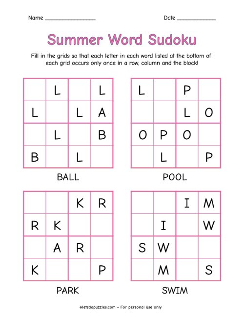 Summer Word Sudoku for Kids