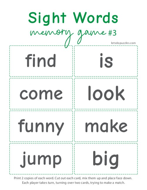 Sight Word Memory Games for Kids