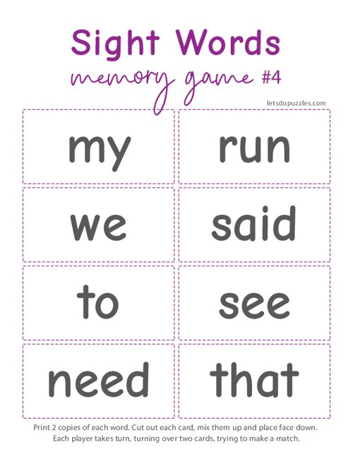 Sight Word Memory Game Set #4