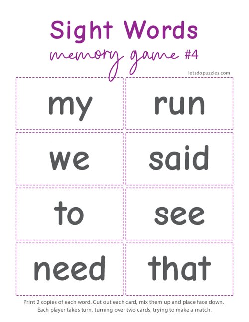 Sight Word Memory Games For Kids