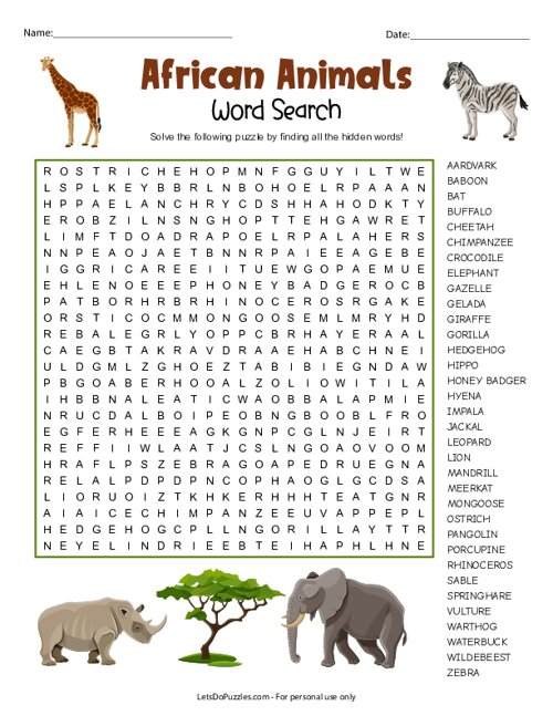 African Animal Word Search